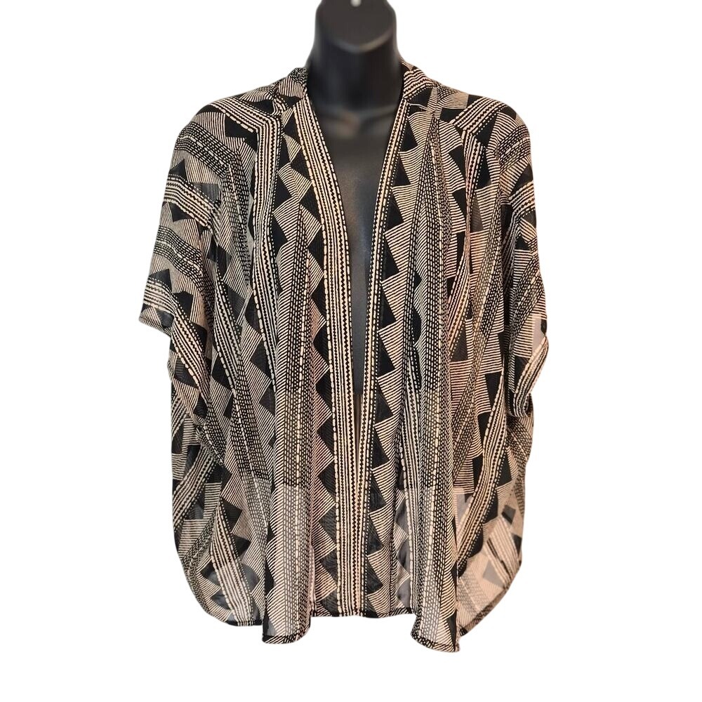 Fio Fio Sheer Kimono Wrap Black Cream Geometric Tribal Print Open Front One Size